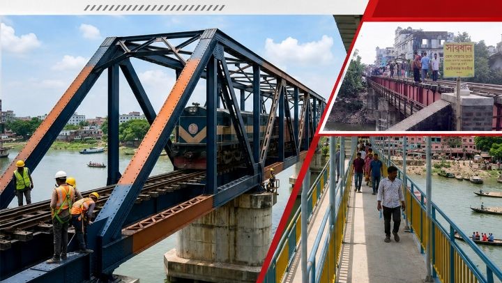 বগুড়ার চেলোপাড়া করতোয়া নদীর ওপর ২৫ নম্বর রেল সেতুতে নতুন ওয়াকওয়ে নির্মাণের কাজ