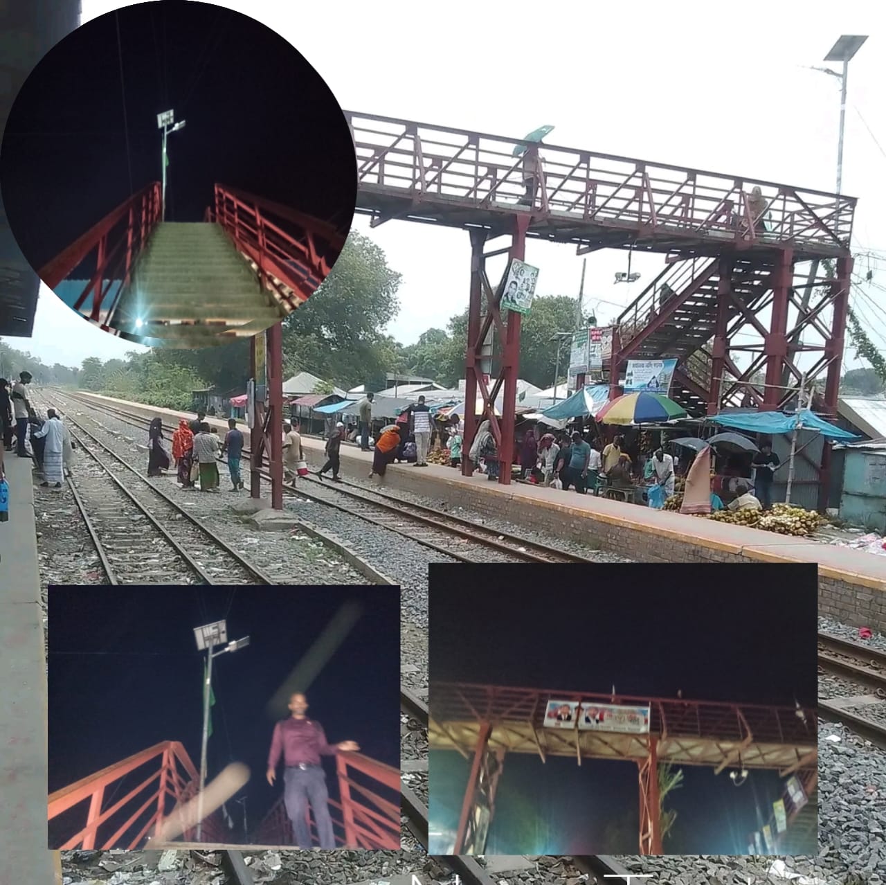 জামতৈল রেলস্টেশনের আলোহীন ফুট ওভারব্রিজ, ঝুঁকি নিয়ে রেললাইন পার হচ্ছেন যাত্রী ও পথচারীরা।