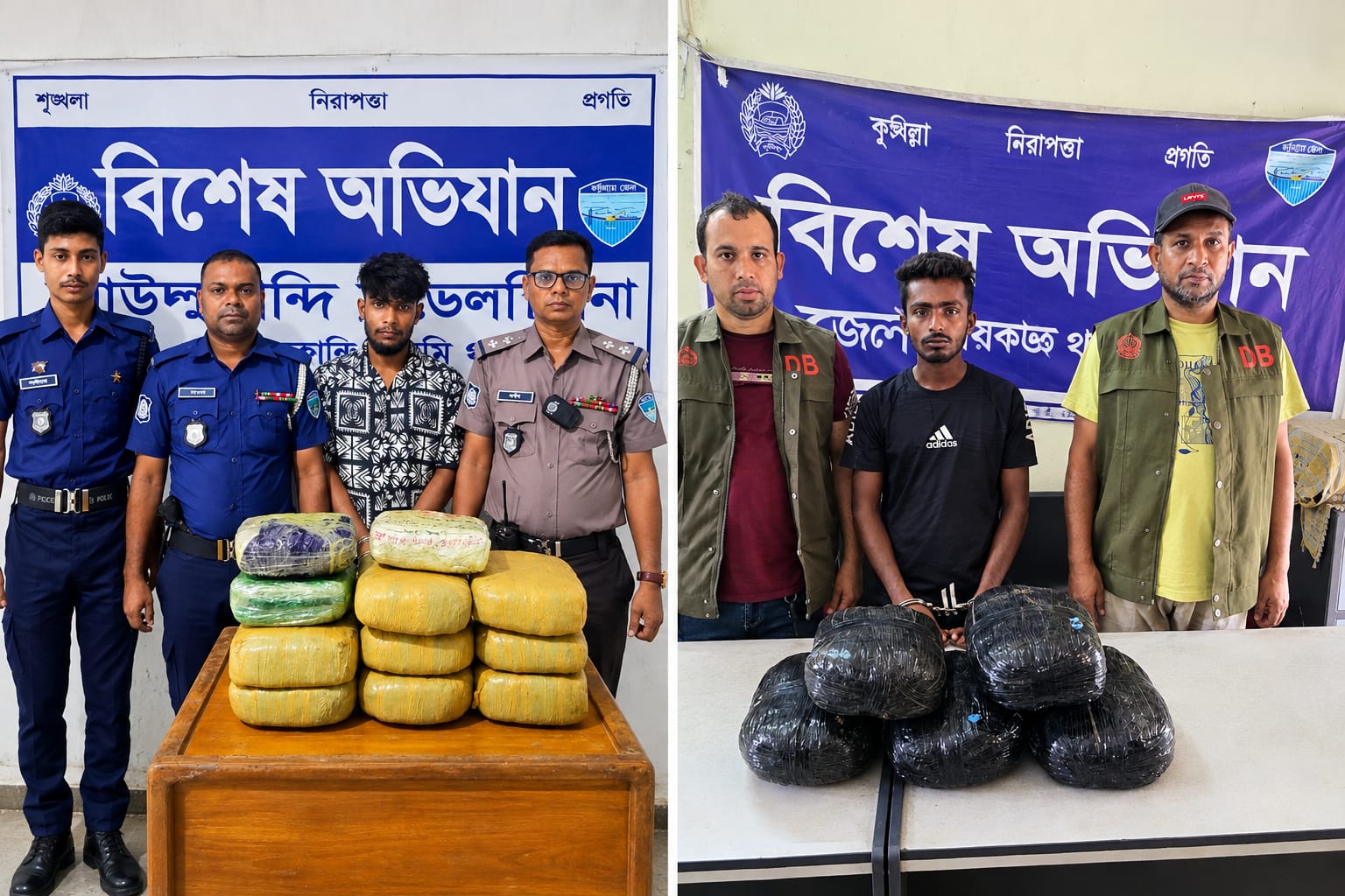 কুমিল্লায় মাদকবিরোধী অভিযানে উদ্ধার করা ইয়াবা ও গাঁজা