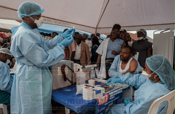 Health workers on the frontlines of the Ebola response receive vaccination in Beni, DRC. Photograph: Gradel Muyisa Mumbere/Reuters