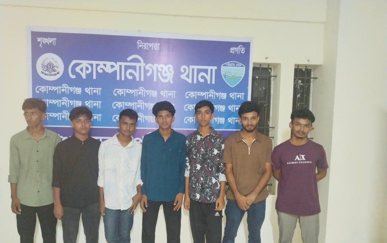 নোয়াখালীতে কিশোর গ্যাংবিরোধী পুলিশ অভিযানে আটক ব্যক্তিরা