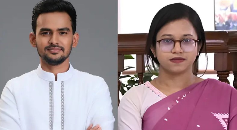এনসিপির ডায়াস্পোরা বিষয়ক উপকমিটির প্রধান আসিফ মাহমুদ সজীব ভূঁইয়া ও উপপ্রধান মনিরা শারমিন।
